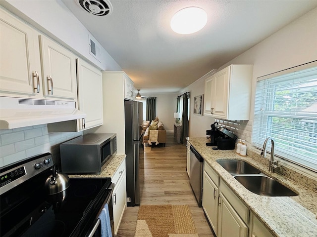 kitchen with decorative backsplash, sink, white cabinets, and appliances with stainless steel finishes