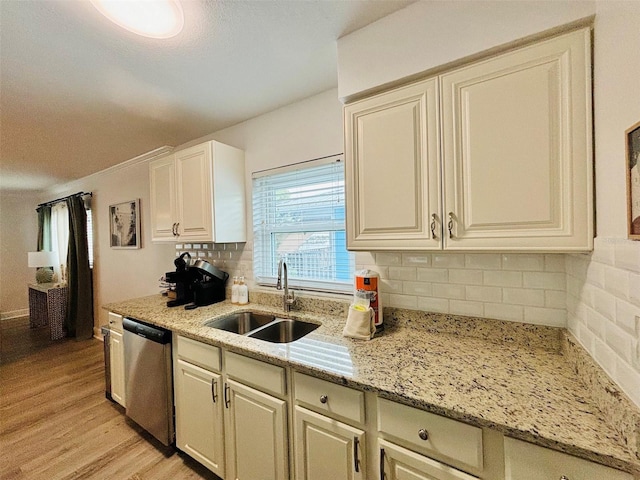 kitchen featuring light stone counters, sink, backsplash, and dishwasher