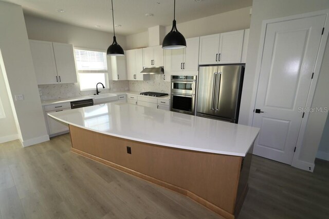 kitchen featuring wood finished floors, a kitchen island, stainless steel appliances, under cabinet range hood, and white cabinetry