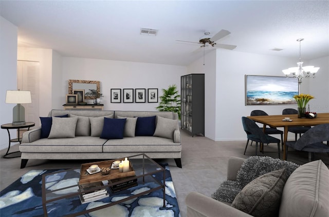 living room with ceiling fan with notable chandelier