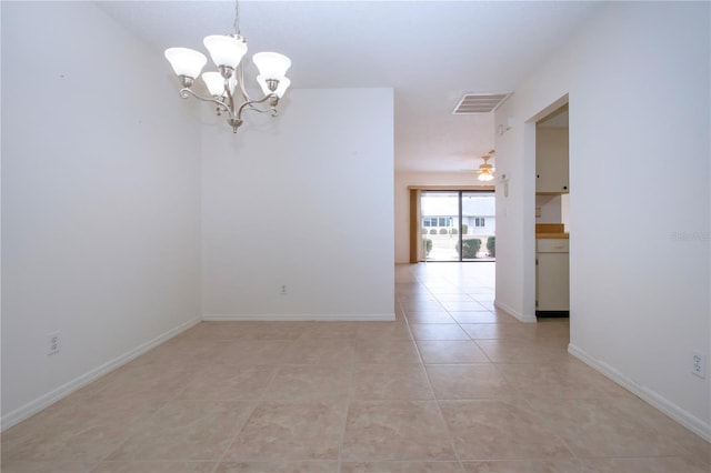 tiled empty room featuring ceiling fan with notable chandelier