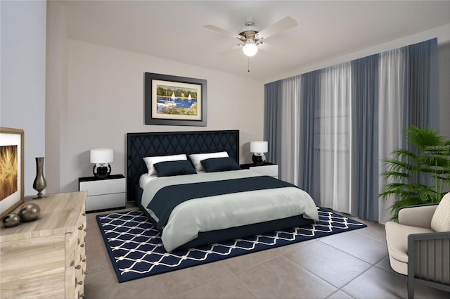 tiled bedroom featuring ceiling fan