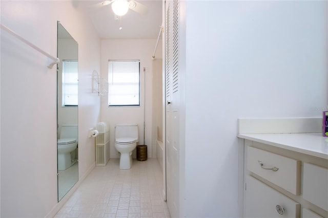 bathroom with toilet, ceiling fan, and vanity