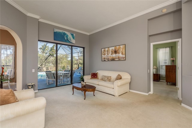 carpeted living room with crown molding