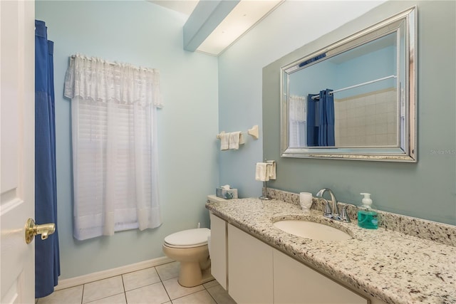 bathroom with vanity, toilet, curtained shower, and tile patterned flooring