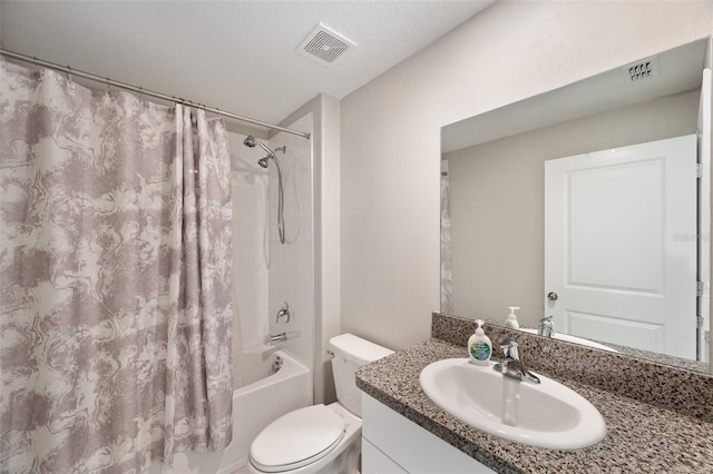 full bathroom with toilet, vanity, and shower / bathtub combination with curtain