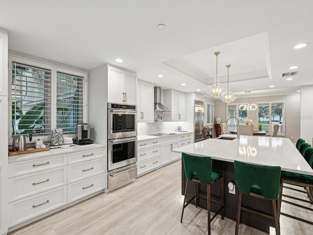 kitchen featuring appliances with stainless steel finishes, decorative light fixtures, white cabinetry, an island with sink, and a raised ceiling