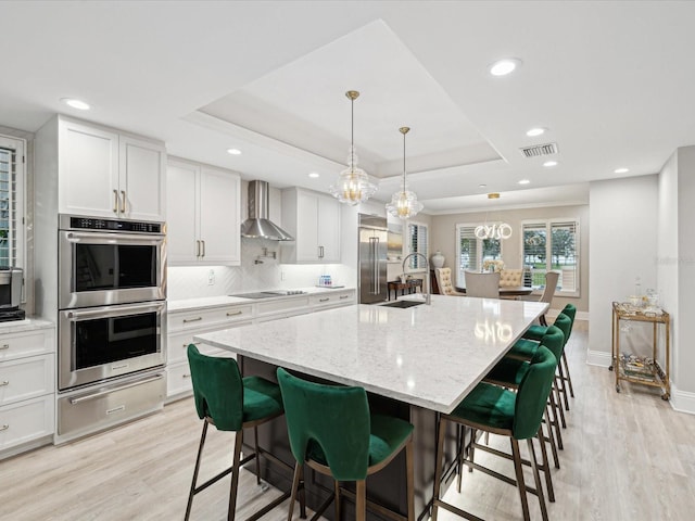 kitchen featuring white cabinetry, stainless steel appliances, a raised ceiling, wall chimney range hood, and a spacious island