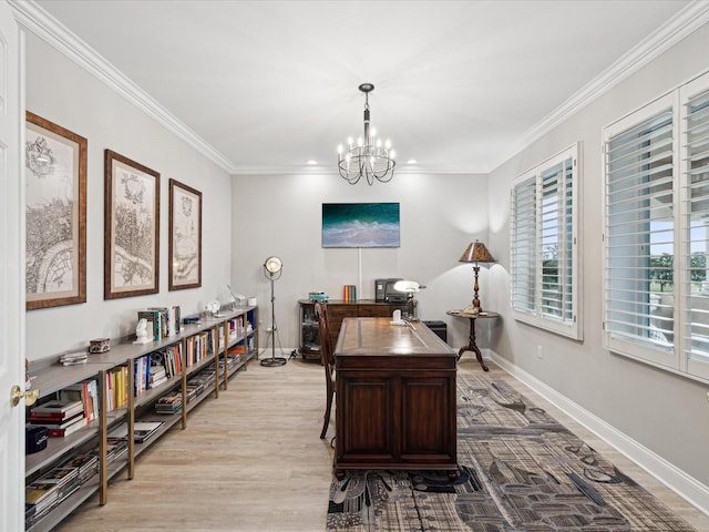 office area with ornamental molding, light wood-type flooring, and a notable chandelier