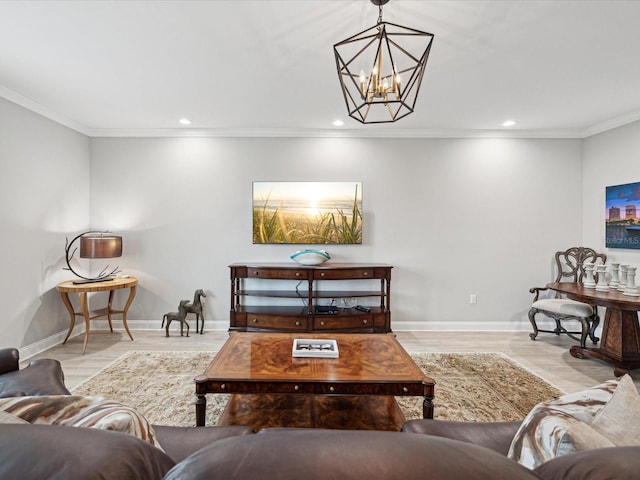 living room featuring crown molding and light wood-type flooring