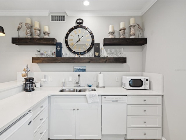 kitchen with white cabinetry, ornamental molding, white dishwasher, and sink