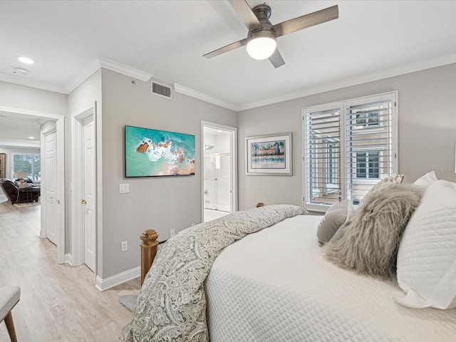 bedroom featuring crown molding, access to exterior, ceiling fan, and light hardwood / wood-style flooring