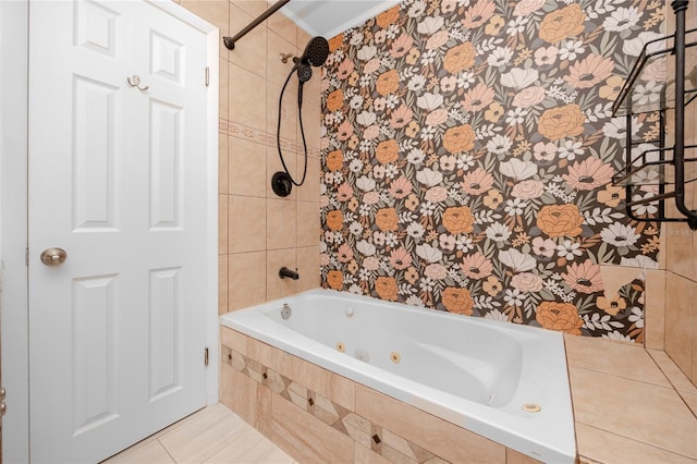 bathroom with tile patterned floors, tiled shower / bath combo, and crown molding