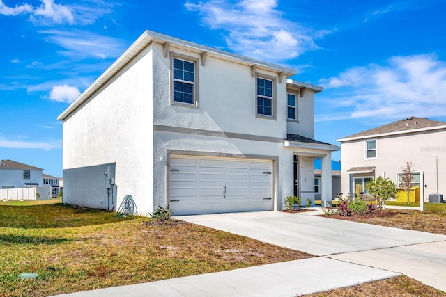 view of front facade with a front lawn, a garage, and central AC