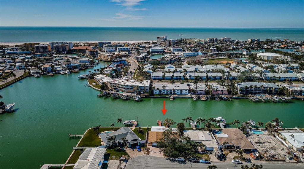 drone / aerial view featuring a water view