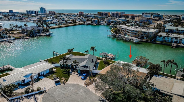 aerial view featuring a water view