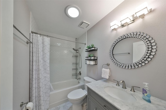 full bathroom with toilet, vanity, and shower / bath combination with curtain