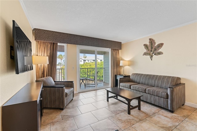 2506 N Rocky Point Dr Unit 272, Tampa, FL 33607 - living area with a textured ceiling, ornamental molding, and baseboards