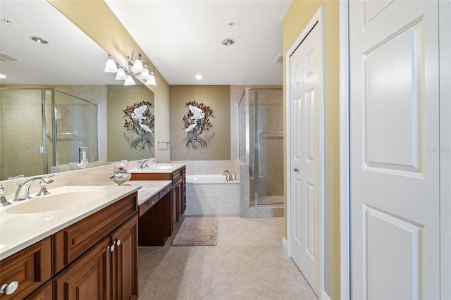 bathroom with plus walk in shower, tile patterned floors, and vanity