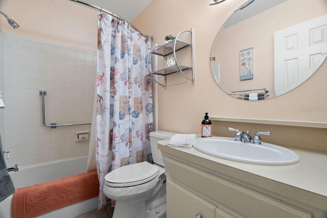 full bathroom featuring vanity, shower / tub combo with curtain, and toilet