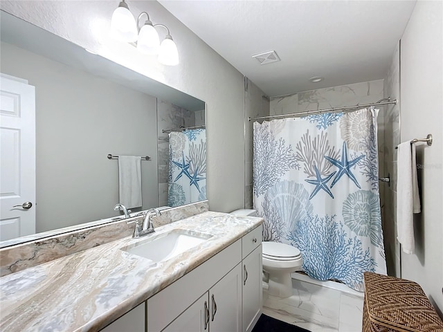 bathroom featuring vanity, toilet, and walk in shower