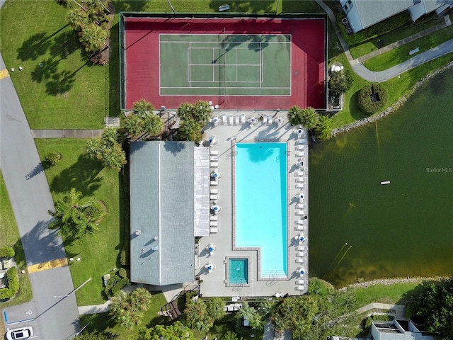 drone / aerial view with a water view