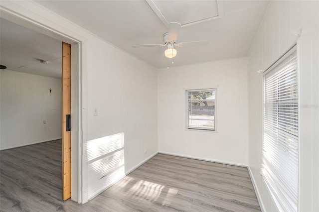 empty room featuring wood-type flooring and ceiling fan