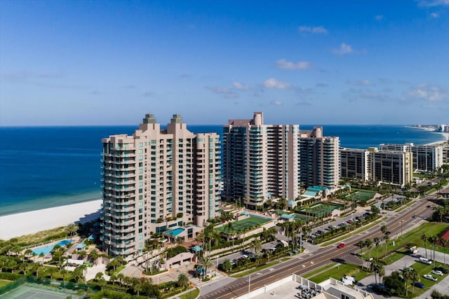 aerial view featuring a beach view and a water view