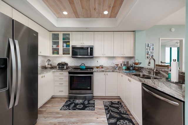 kitchen featuring sink, white cabinetry, appliances with stainless steel finishes, and a raised ceiling