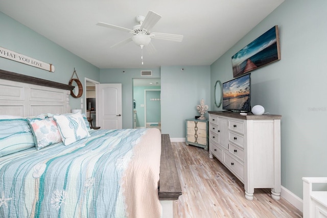 bedroom with ceiling fan and light hardwood / wood-style floors