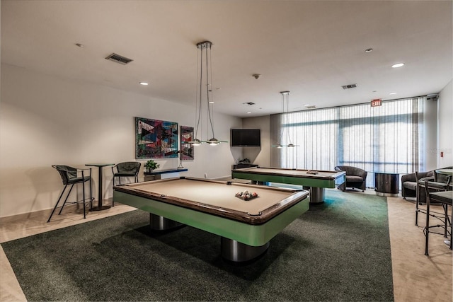 rec room featuring billiards and floor to ceiling windows