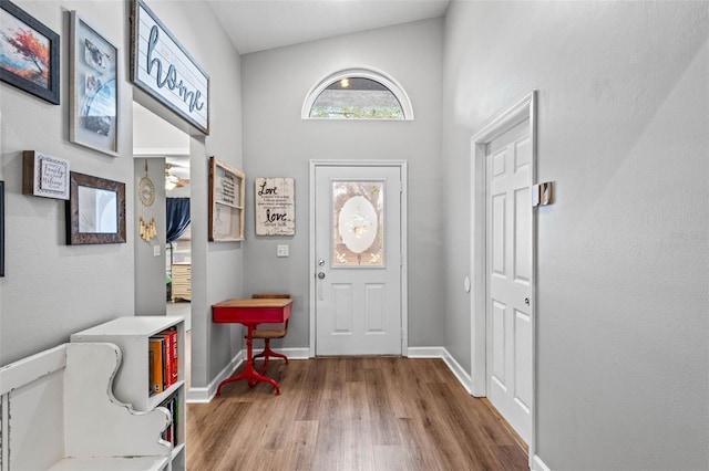 entrance foyer featuring hardwood / wood-style floors and a towering ceiling