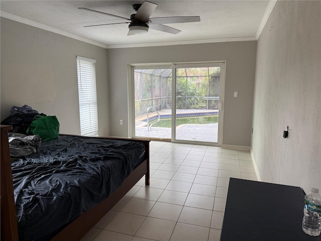 bedroom featuring ceiling fan, access to exterior, light tile patterned floors, and multiple windows