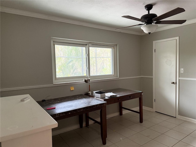 office space featuring ceiling fan, ornamental molding, and light tile patterned floors