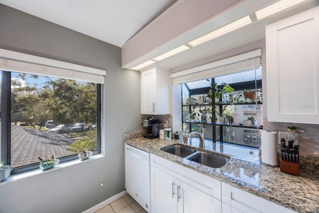 kitchen with tasteful backsplash, white cabinets, sink, and white dishwasher