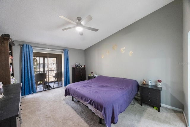 bedroom with ceiling fan, light colored carpet, and access to outside