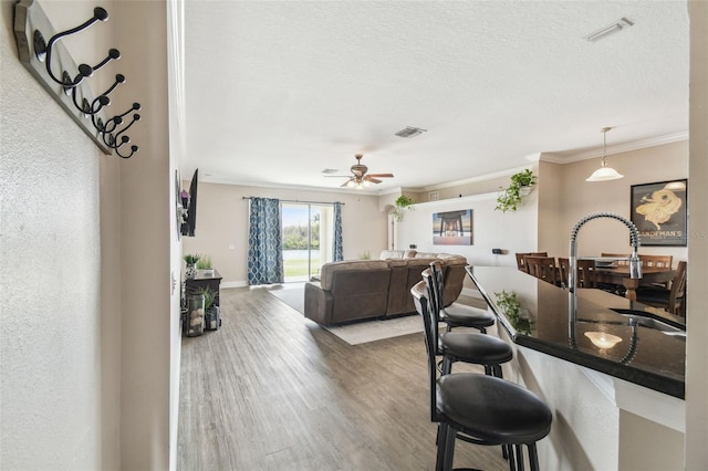 living room with hardwood / wood-style flooring, crown molding, ceiling fan, and a textured ceiling