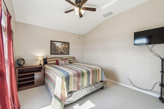 bedroom with carpet, lofted ceiling, and ceiling fan