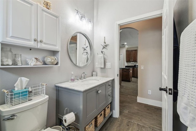 bathroom featuring vanity, toilet, and hardwood / wood-style floors