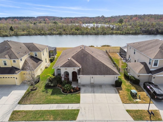 aerial view featuring a water view