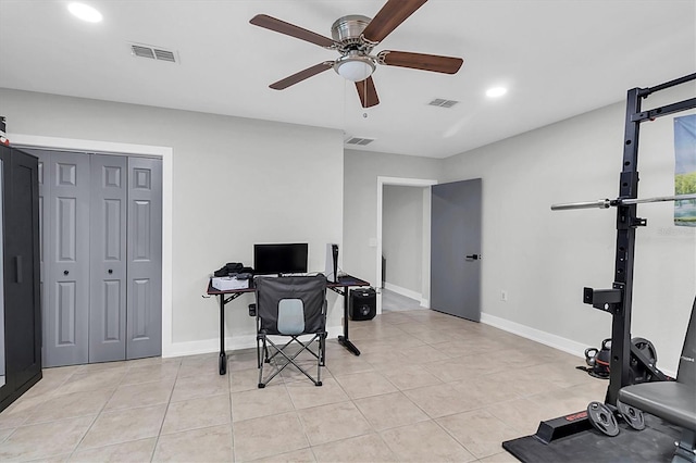 tiled office with ceiling fan