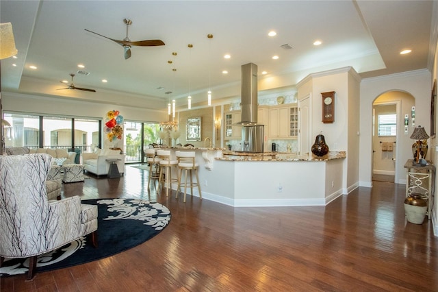 living room with a raised ceiling, crown molding, dark wood-type flooring, and ceiling fan