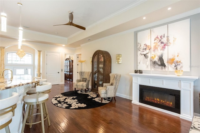 interior space featuring ceiling fan, ornamental molding, dark hardwood / wood-style floors, and sink