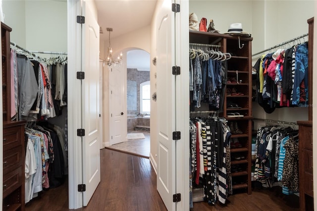 walk in closet featuring a chandelier and dark hardwood / wood-style flooring
