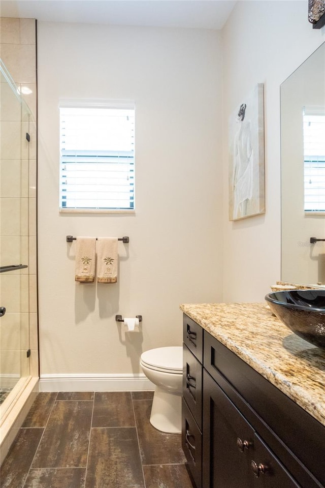 bathroom featuring vanity, an enclosed shower, and toilet