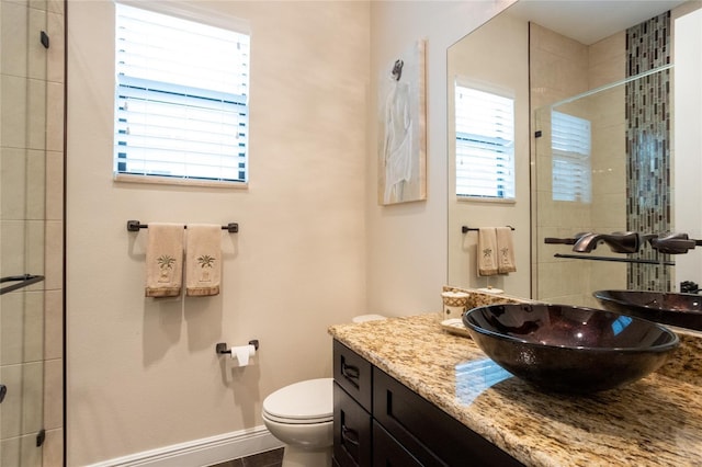 bathroom featuring vanity, toilet, and walk in shower