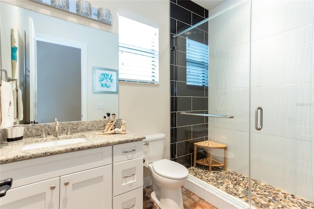 bathroom featuring walk in shower, vanity, and toilet