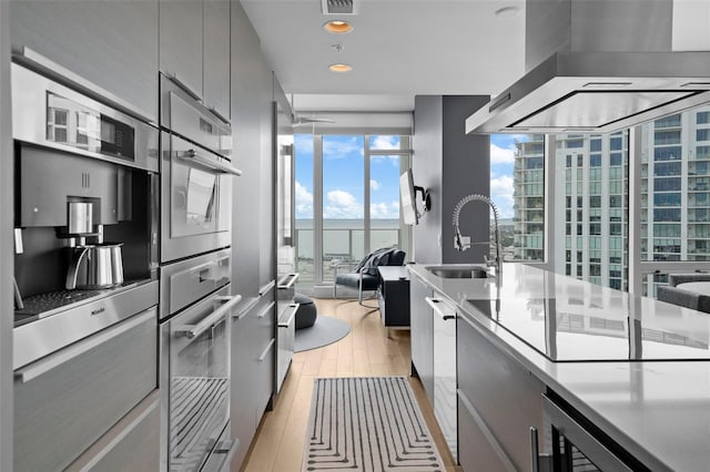 kitchen with gray cabinets, island exhaust hood, light wood-type flooring, double oven, and sink