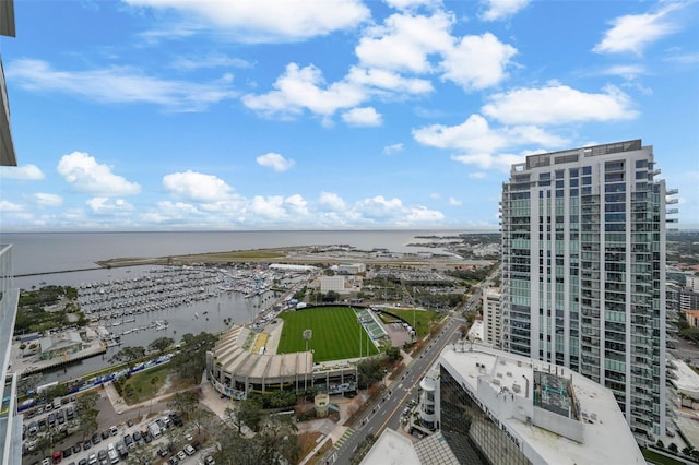 aerial view featuring a water view