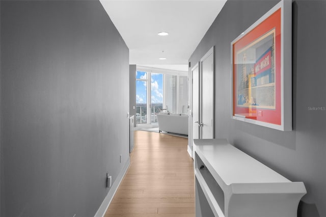 hall featuring light wood-type flooring and floor to ceiling windows